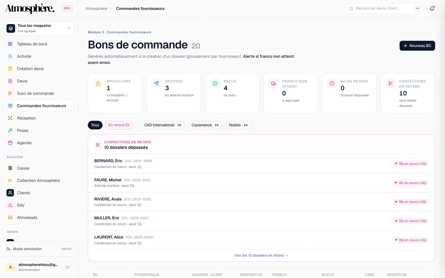 CRM Atmosphère — pilotage tissus, caisse et confections — Commandes