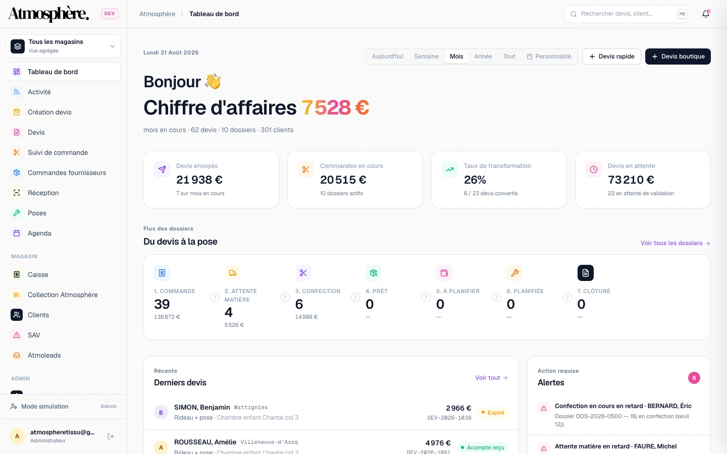 CRM Atmosphère — pilotage tissus, caisse et confections — Dashboard