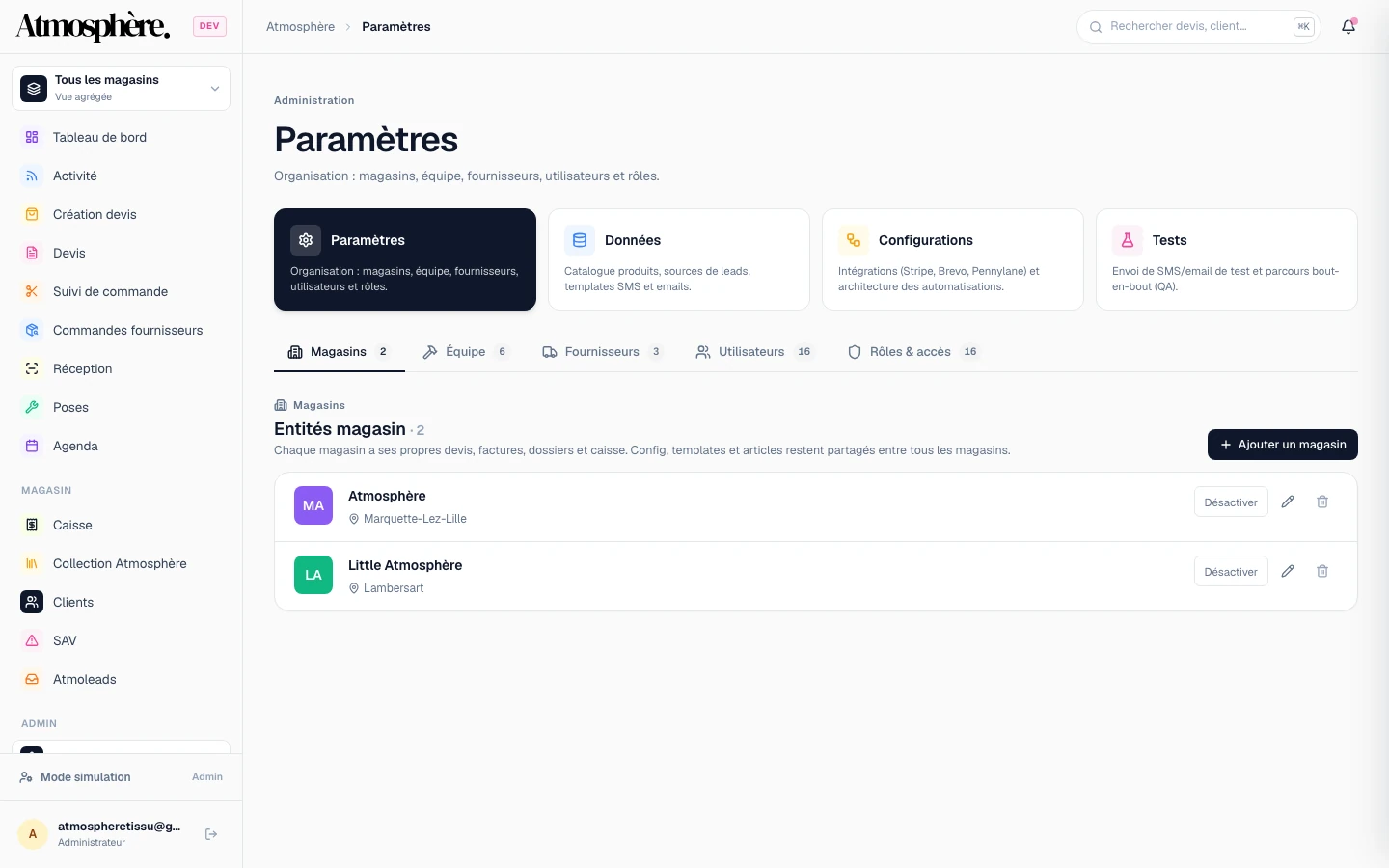 CRM Atmosphère — pilotage tissus, caisse et confections — Parametres
