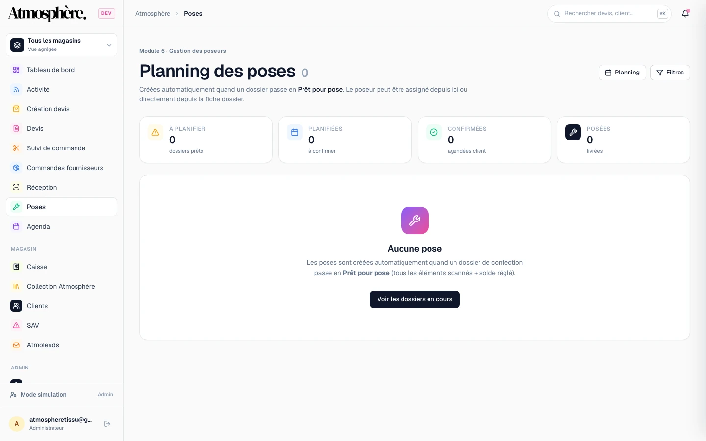 CRM Atmosphère — pilotage tissus, caisse et confections — Poses
